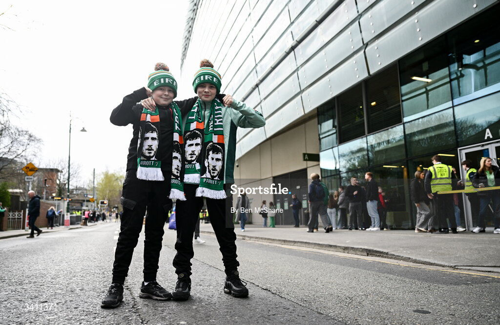 31 March 2026; Republic of Ireland supporters Charlie Mulligan, age 10, and Charlie Nesbitt, age 11, from Belfast, before the international friendly match between Republic of Ireland and North Macedonia at Aviva Stadium in Dublin. Photo by Ben McShane/Sportsfile