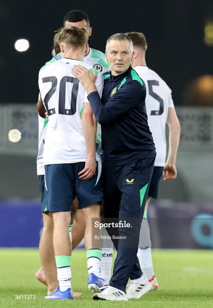 31 March 2026; Republic of Ireland manager Jim Crawford and player Jack Moorhouse celebrate after the UEFA European U21 Championship qualifier match between Kazakhstan and Republic of Ireland at Turkistan Arena in Turkeistan, Kazakhstan. Photo by Nikita Bassov/Sportsfile