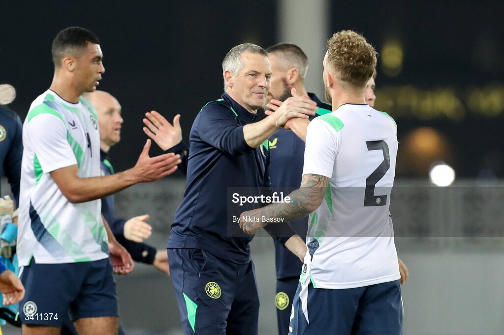 31 March 2026; Republic of Ireland manager Jim Crawford and player Sam Curtis celebrate after the UEFA European U21 Championship qualifier match between Kazakhstan and Republic of Ireland at Turkistan Arena in Turkeistan, Kazakhstan. Photo by Nikita Bassov/Sportsfile