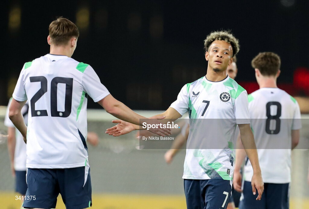 31 March 2026; Trent Kone Doherty, right, and Jack Moorhouse of Republic of Ireland celebrate after the UEFA European U21 Championship qualifier match between Kazakhstan and Republic of Ireland at Turkistan Arena in Turkeistan, Kazakhstan. Photo by Nikita Bassov/Sportsfile