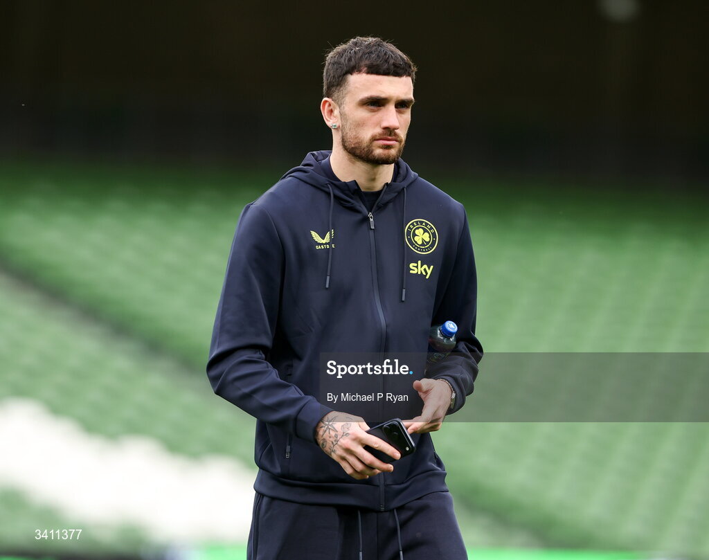 31 March 2026; Troy Parrott of Republic of Ireland before the international friendly match between Republic of Ireland and North Macedonia at Aviva Stadium in Dublin. Photo by Michael P Ryan/Sportsfile