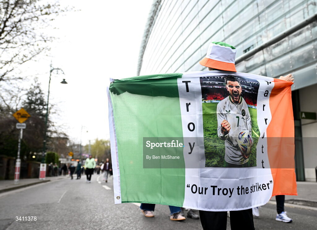 31 March 2026; Republic of ireland supporter Shay Fitzgibbon, age 9, from Castlegregory, Kerry, before the international friendly match between Republic of Ireland and North Macedonia at Aviva Stadium in Dublin. Photo by Ben McShane/Sportsfile