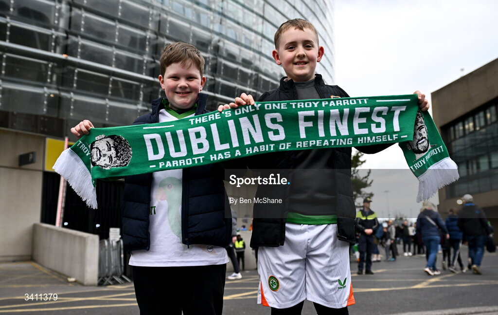 31 March 2026; Republic of Ireland supporters Cian Ward, age 8, and Daniel Hayes, age 8, from Ballybrittas, Laois, before the international friendly match between Republic of Ireland and North Macedonia at Aviva Stadium in Dublin. Photo by Ben McShane/Sportsfile