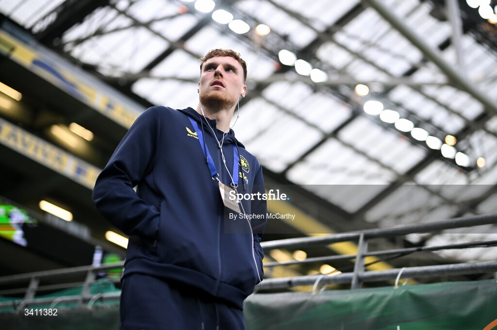31 March 2026; Jake O'Brien of Republic of Ireland walks the pitch before the international friendly match between Republic of Ireland and North Macedonia at Aviva Stadium in Dublin. Photo by Stephen McCarthy/Sportsfile