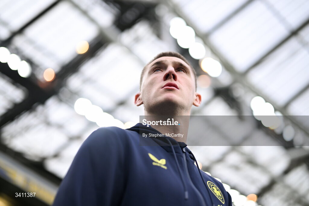 31 March 2026; Jimmy Dunne of Republic of Ireland walks the pitch before the international friendly match between Republic of Ireland and North Macedonia at Aviva Stadium in Dublin. Photo by Stephen McCarthy/Sportsfile