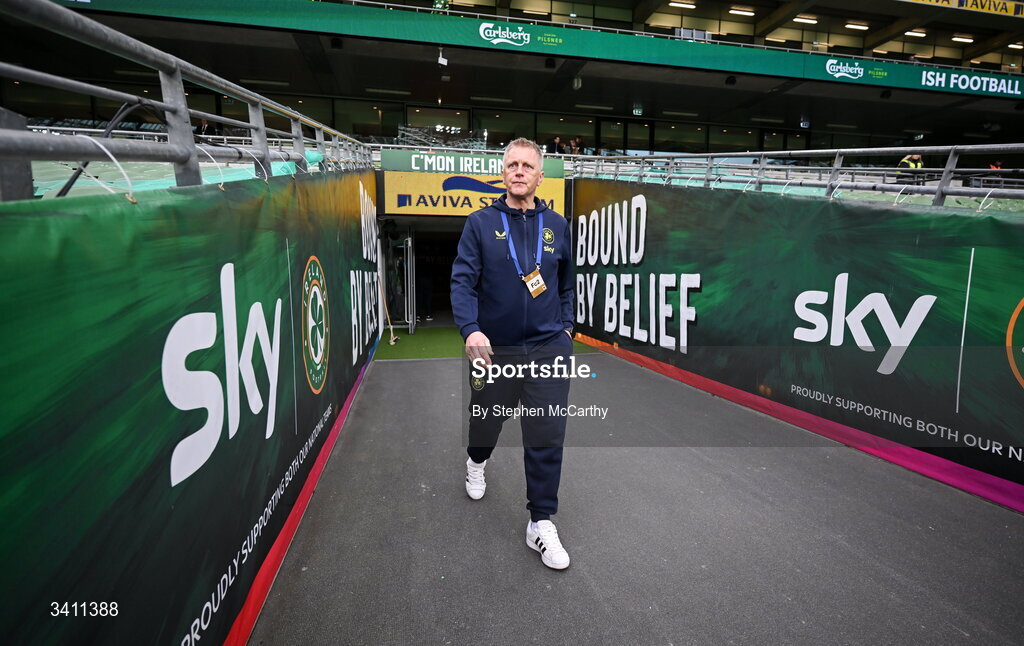 31 March 2026; Republic of Ireland head coach Heimir Hallgrimsson walks the pitch before the international friendly match between Republic of Ireland and North Macedonia at Aviva Stadium in Dublin. Photo by Stephen McCarthy/Sportsfile