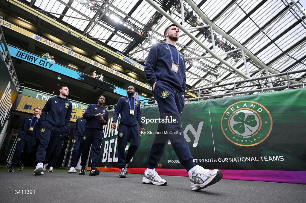 31 March 2026; Josh Keeley of Republic of Ireland walks the pitch before the international friendly match between Republic of Ireland and North Macedonia at Aviva Stadium in Dublin. Photo by Stephen McCarthy/Sportsfile