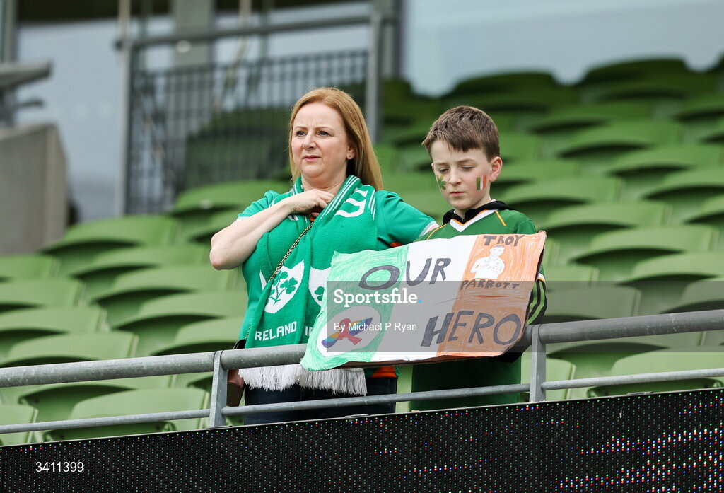 31 March 2026; Republic of Ireland supporters before the international friendly match between Republic of Ireland and North Macedonia at Aviva Stadium in Dublin. Photo by Michael P Ryan/Sportsfile