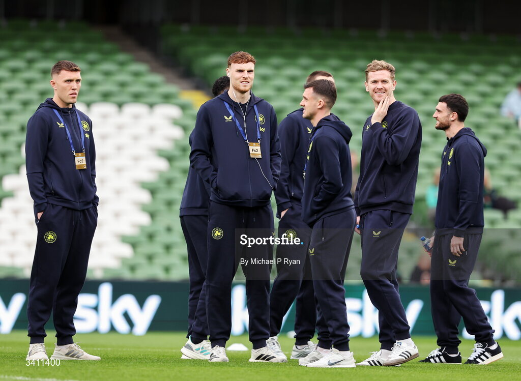 31 March 2026; Republic of Ireland players including Jake O'Brien before the international friendly match between Republic of Ireland and North Macedonia at Aviva Stadium in Dublin. Photo by Michael P Ryan/Sportsfile