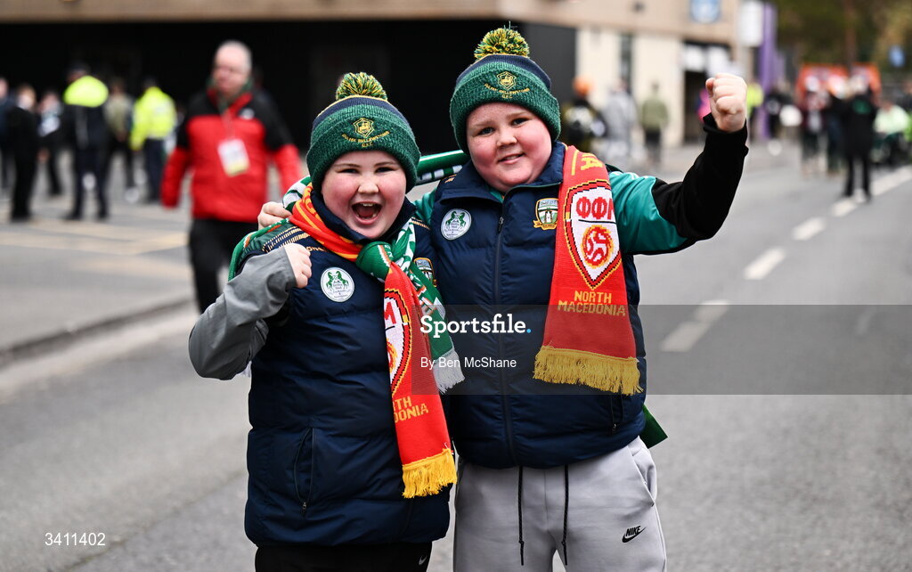 31 March 2026; Repiblic of Ireland supporters Jack McGuinness, age 9 and TJ McGuinness, age 11, from Duleek, Meath, before the international friendly match between Republic of Ireland and North Macedonia at Aviva Stadium in Dublin. Photo by Ben McShane/Sportsfile