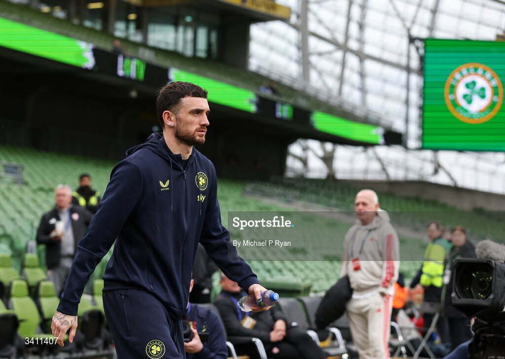 31 March 2026; Troy Parrott of Republic of Ireland before the international friendly match between Republic of Ireland and North Macedonia at Aviva Stadium in Dublin. Photo by Michael P Ryan/Sportsfile