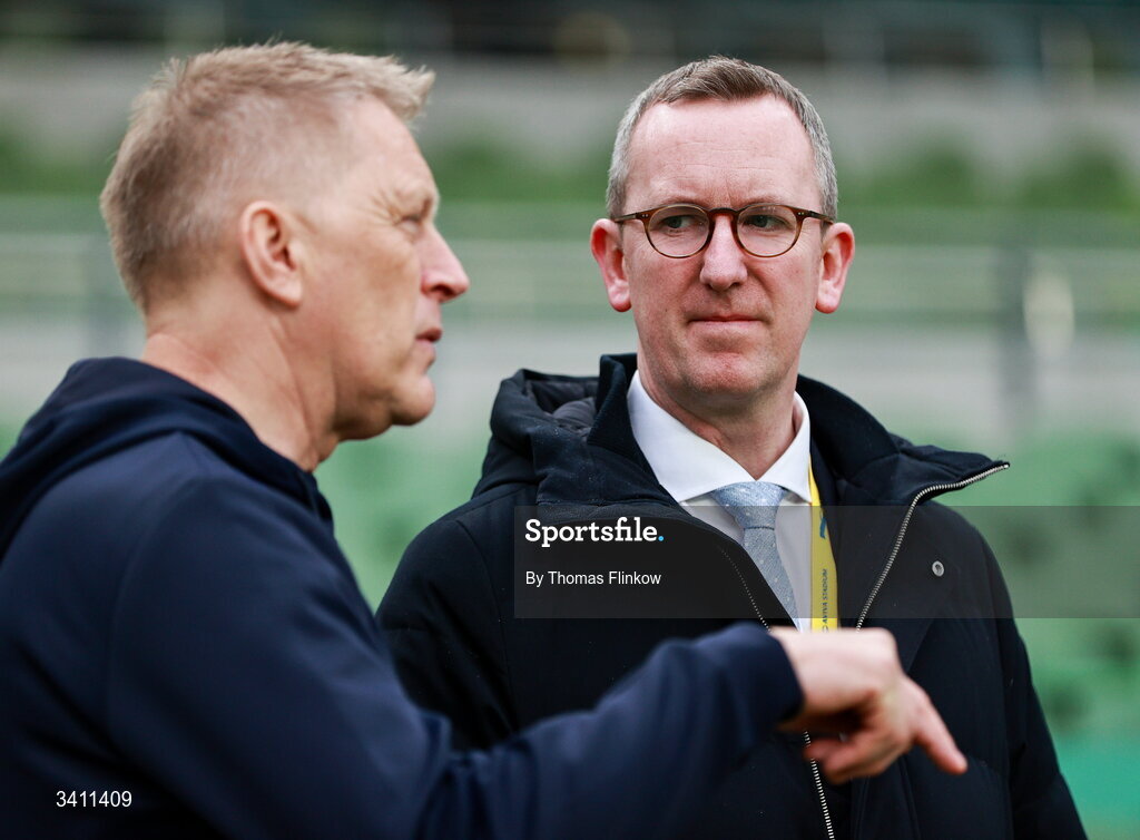 31 March 2026; FAI chief executive officer David Courell, right, with head coach Heimir Hallgrimsson before the international friendly match between Republic of Ireland and North Macedonia at Aviva Stadium in Dublin. Photo by Thomas Flinkow/Sportsfile