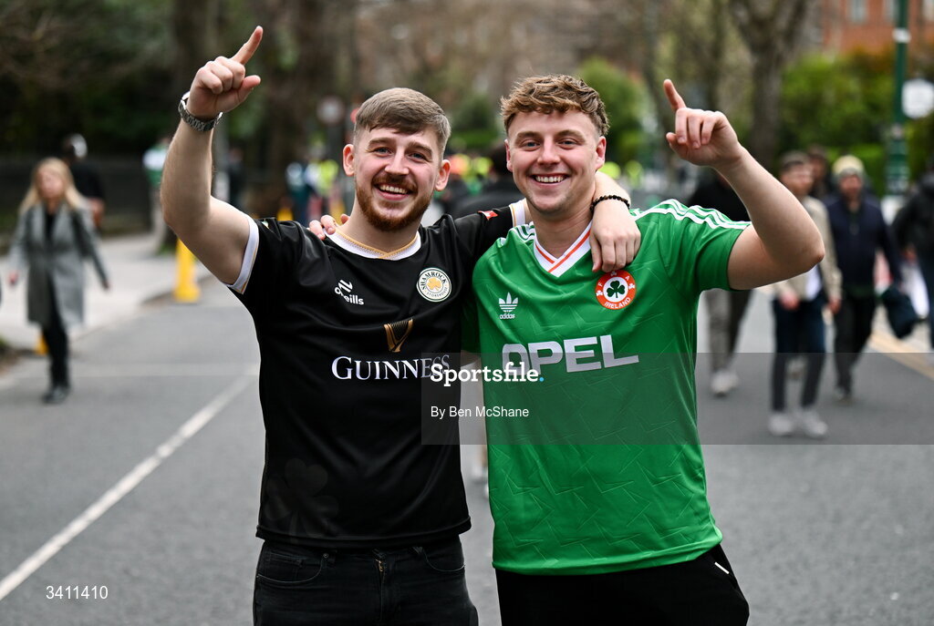 31 March 2026; Republic of Ireland supporters Caoimhin Gillen, left, and Jamie Devenny, both from Belfast, before the international friendly match between Republic of Ireland and North Macedonia at Aviva Stadium in Dublin. Photo by Ben McShane/Sportsfile