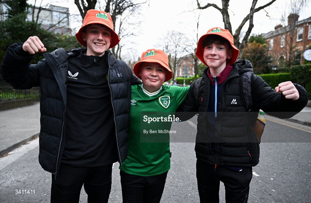 31 March 2026; Republic of Ireland supporters, from left, Joshua Curtin, Jamie Mulcahy and Jamie Hayes, from Croom, Limerick, before the international friendly match between Republic of Ireland and North Macedonia at Aviva Stadium in Dublin. Photo by Ben McShane/Sportsfile