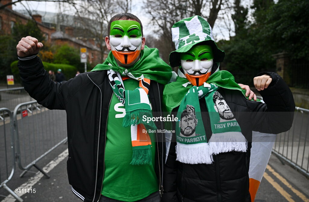 31 March 2026; Republic of Ireland supporters David, left, and Gary O'Rourke, from Kildare, before the international friendly match between Republic of Ireland and North Macedonia at Aviva Stadium in Dublin. Photo by Ben McShane/Sportsfile