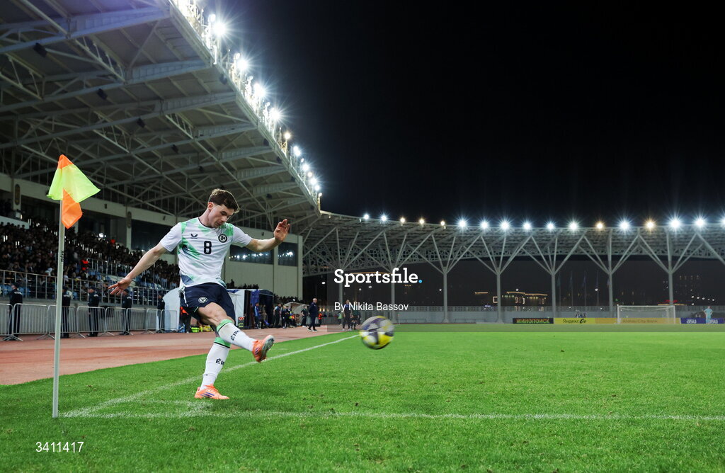 31 March 2026; Jamie Mullins of Republic of Ireland takes a corner during the UEFA European U21 Championship qualifier match between Kazakhstan and Republic of Ireland at Turkistan Arena in Turkeistan, Kazakhstan. Photo by Nikita Bassov/Sportsfile