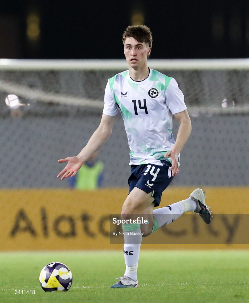 31 March 2026; Cathal McCarthy of Republic of Ireland during the UEFA European U21 Championship qualifier match between Kazakhstan and Republic of Ireland at Turkistan Arena in Turkeistan, Kazakhstan. Photo by Nikita Bassov/Sportsfile