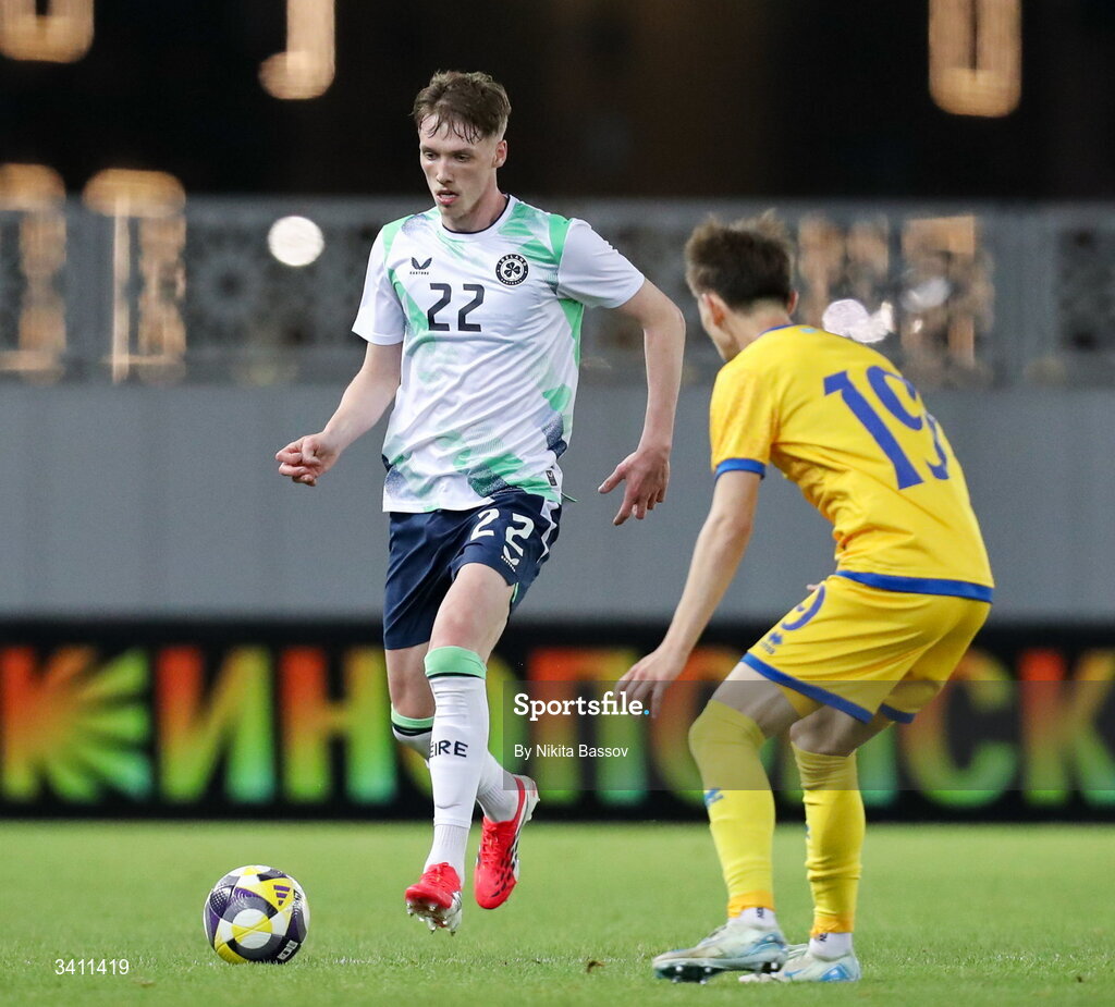 31 March 2026; Oisin Gallagher of Republic of Ireland in action against Tamerlan Agimanov of Kazakhstan during the UEFA European U21 Championship qualifier match between Kazakhstan and Republic of Ireland at Turkistan Arena in Turkeistan, Kazakhstan. Photo by Nikita Bassov/Sportsfile