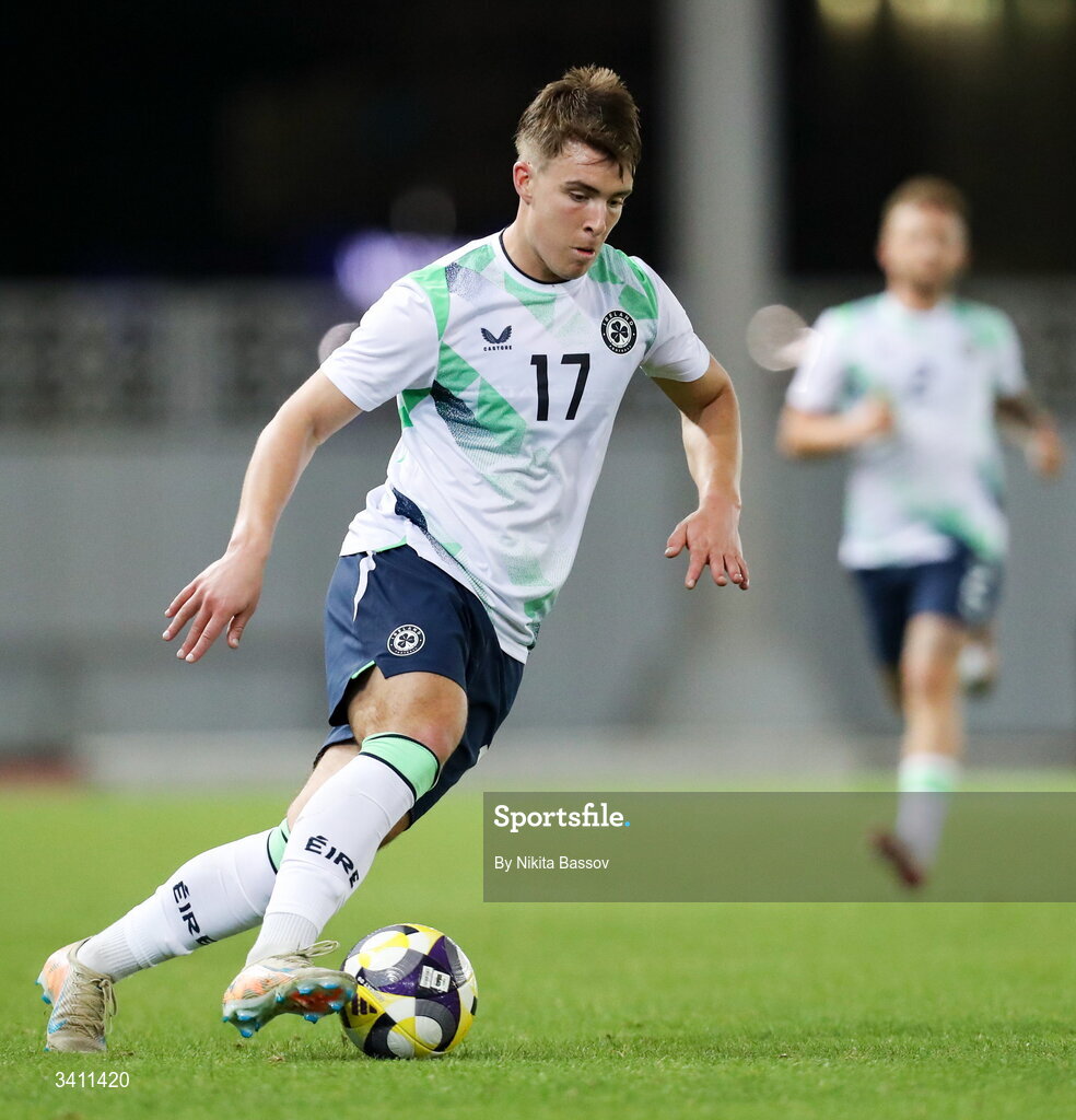 31 March 2026; Tommy Lonegran of Republic of Ireland during the UEFA European U21 Championship qualifier match between Kazakhstan and Republic of Ireland at Turkistan Arena in Turkeistan, Kazakhstan. Photo by Nikita Bassov/Sportsfile