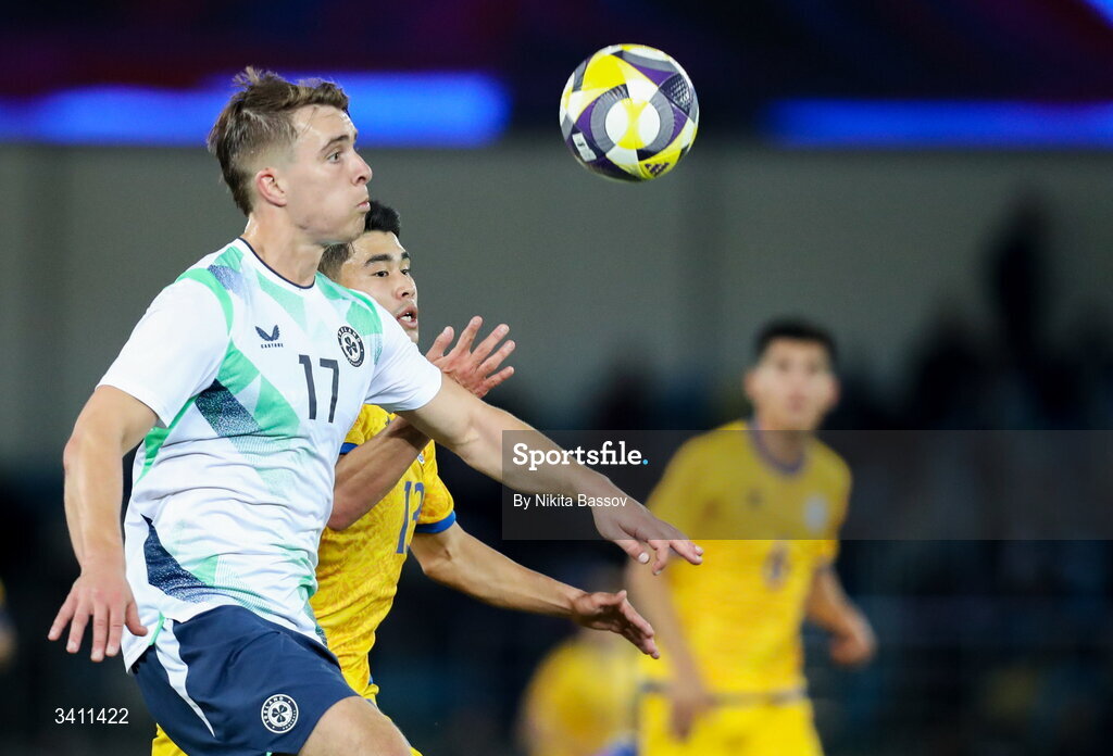 31 March 2026; Tommy Lonegran of Republic of Ireland in action against Ramazan Karimov of Kazakhstan during the UEFA European U21 Championship qualifier match between Kazakhstan and Republic of Ireland at Turkistan Arena in Turkeistan, Kazakhstan. Photo by Nikita Bassov/Sportsfile