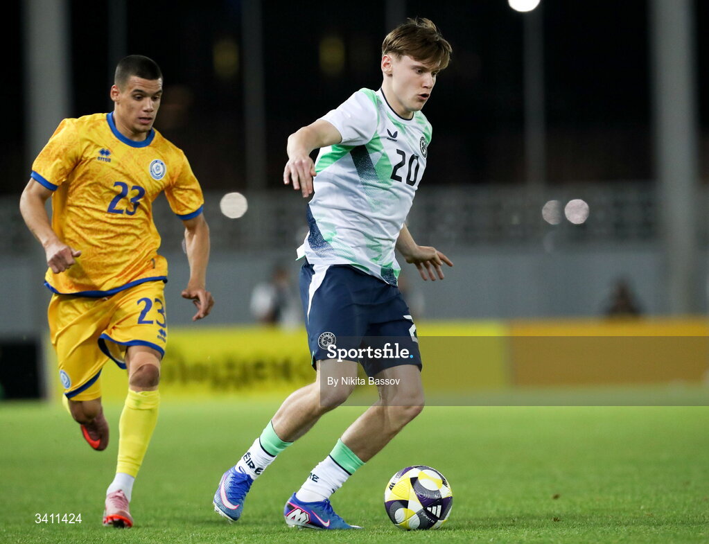 31 March 2026; Jack Moorhouse of Republic of Ireland in action against Saif Popov of Kazakhstan during the UEFA European U21 Championship qualifier match between Kazakhstan and Republic of Ireland at Turkistan Arena in Turkeistan, Kazakhstan. Photo by Nikita Bassov/Sportsfile