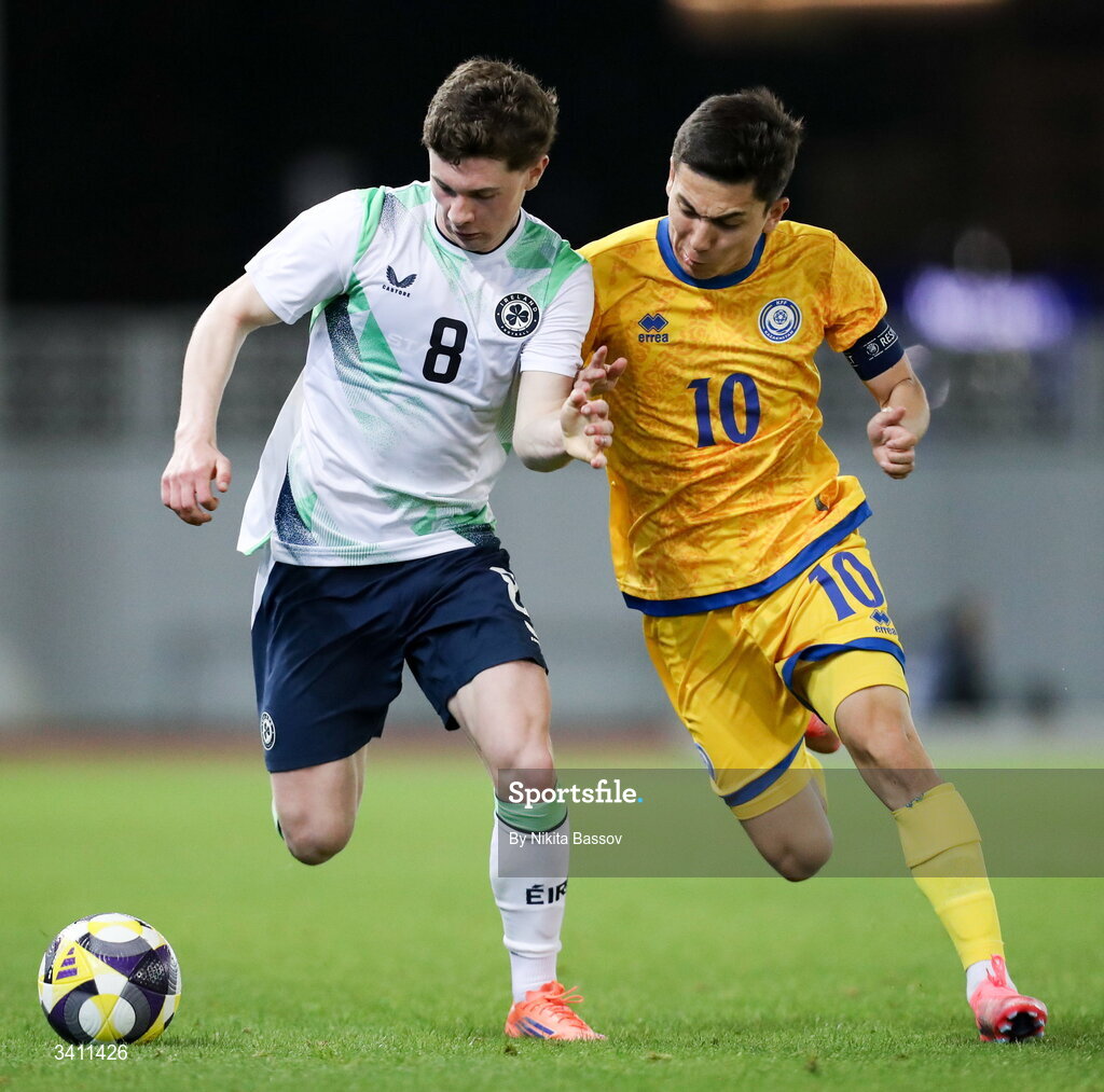 31 March 2026; Jamie Mullins of Republic of Ireland in action against Abinur Nurymbet of Kazakhstan during the UEFA European U21 Championship qualifier match between Kazakhstan and Republic of Ireland at Turkistan Arena in Turkeistan, Kazakhstan. Photo by Nikita Bassov/Sportsfile