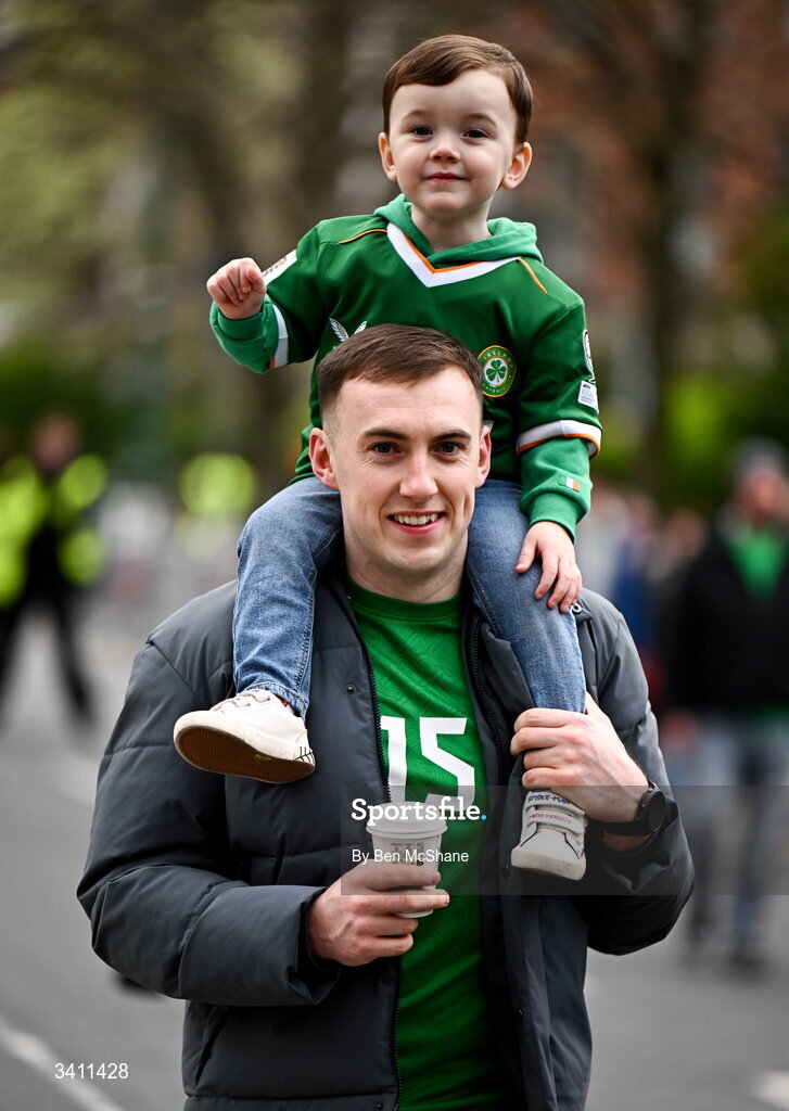 31 March 2026; Republic of Ireland supporters Joe and Mylo McGlue, from Kimmage, Dublin, before the international friendly match between Republic of Ireland and North Macedonia at Aviva Stadium in Dublin. Photo by Ben McShane/Sportsfile