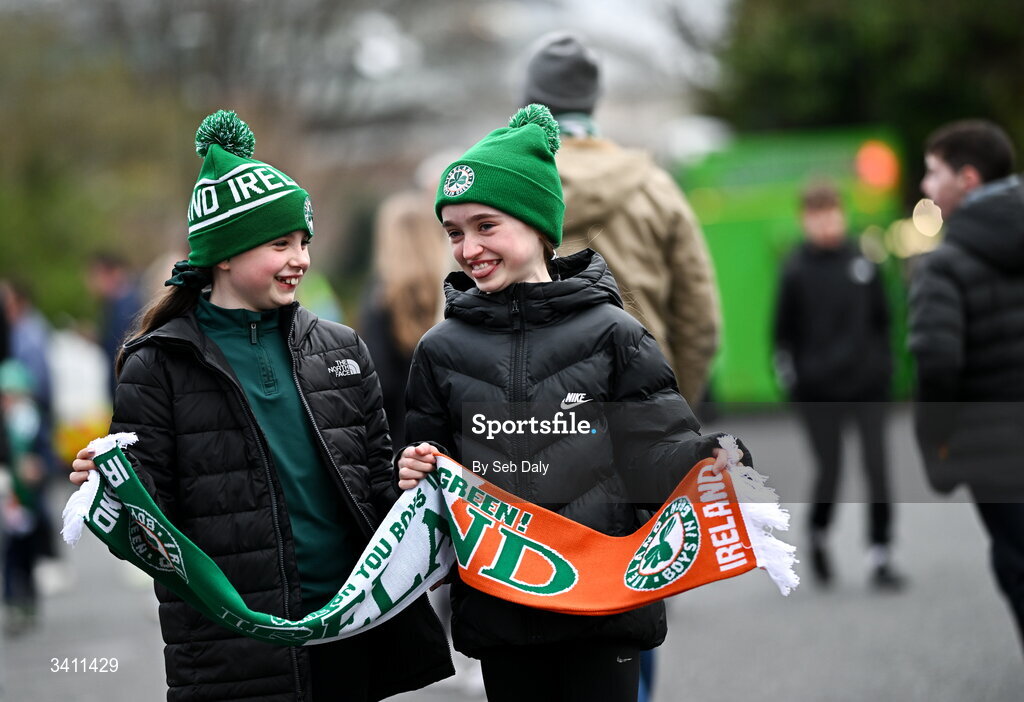 31 March 2026; Republic of Ireland supporters Cara and Kate Rooney from Athlone, Westmeath, before the international friendly match between Republic of Ireland and North Macedonia at the Aviva Stadium in Dublin. Photo by Seb Daly/Sportsfile