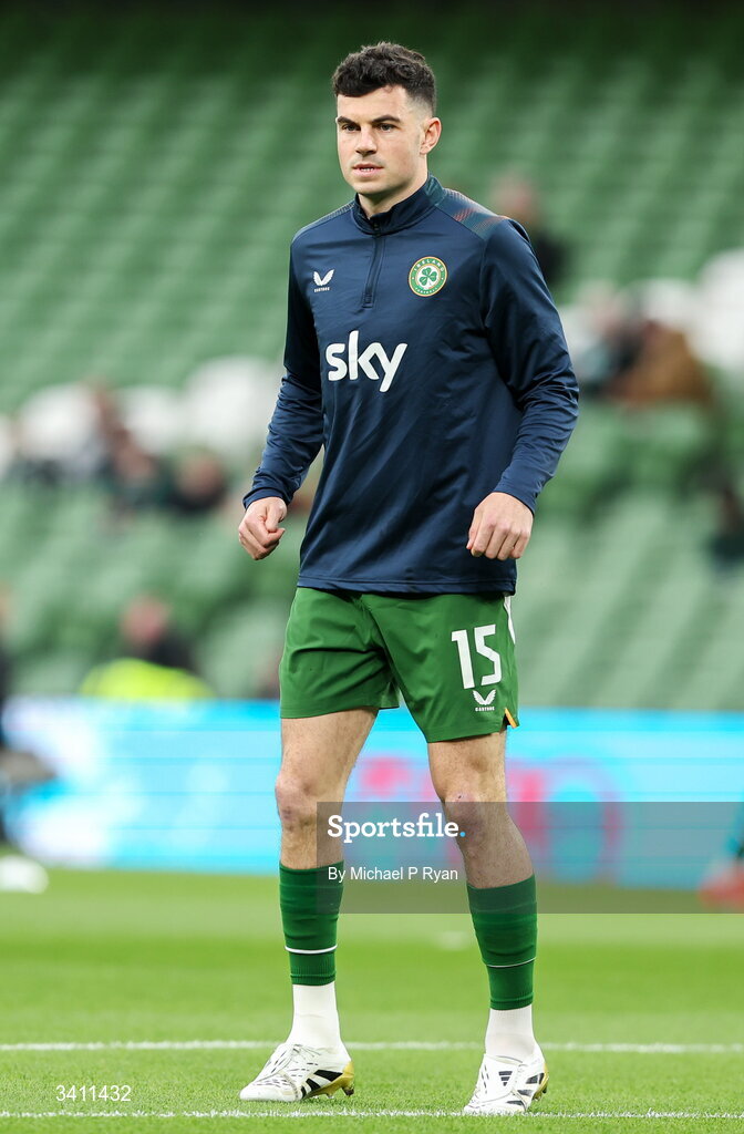 31 March 2026; John Egan of Republic of Ireland warms up before the international friendly match between Republic of Ireland and North Macedonia at Aviva Stadium in Dublin. Photo by Michael P Ryan/Sportsfile