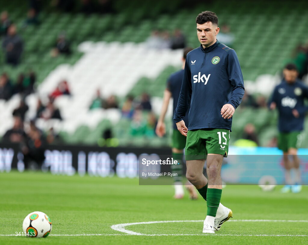 31 March 2026; John Egan of Republic of Ireland warms up before the international friendly match between Republic of Ireland and North Macedonia at Aviva Stadium in Dublin. Photo by Michael P Ryan/Sportsfile
