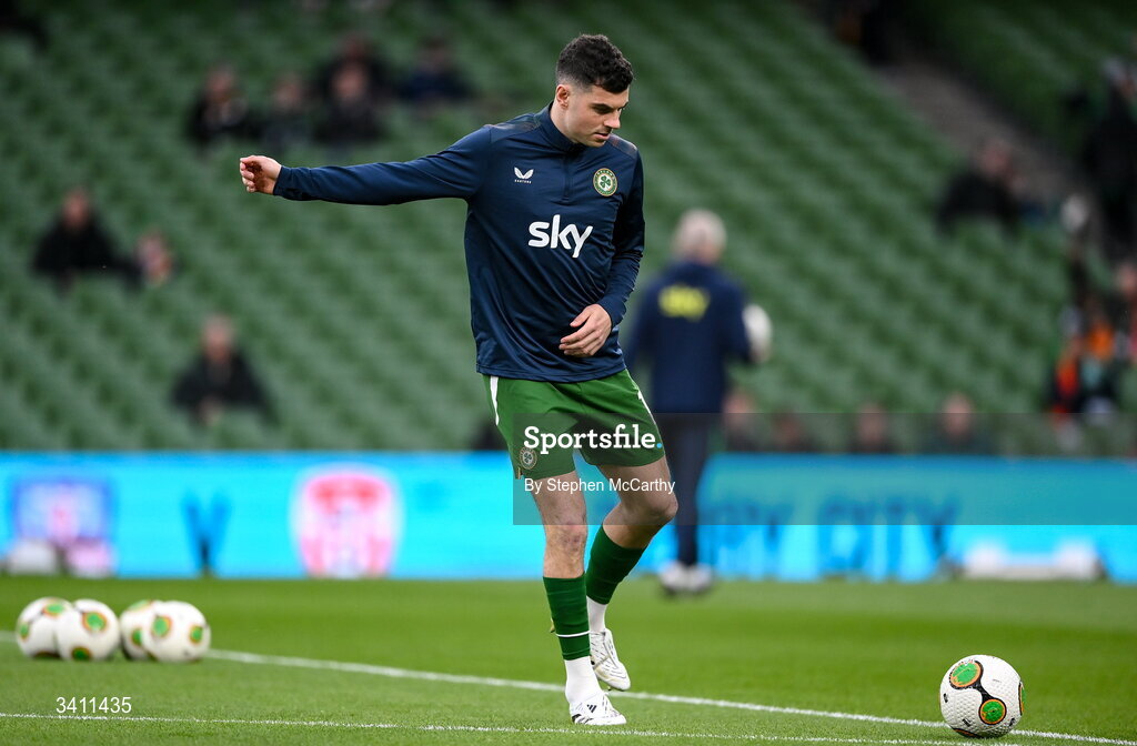 31 March 2026; John Egan of Republic of Ireland warms up before the international friendly match between Republic of Ireland and North Macedonia at Aviva Stadium in Dublin. Photo by Stephen McCarthy/Sportsfile