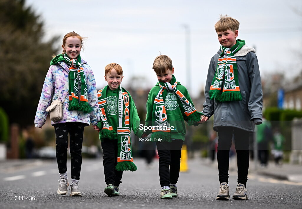 31 March 2026; Republic of Ireland supporters arrive before the international friendly match between Republic of Ireland and North Macedonia at the Aviva Stadium in Dublin. Photo by Seb Daly/Sportsfile