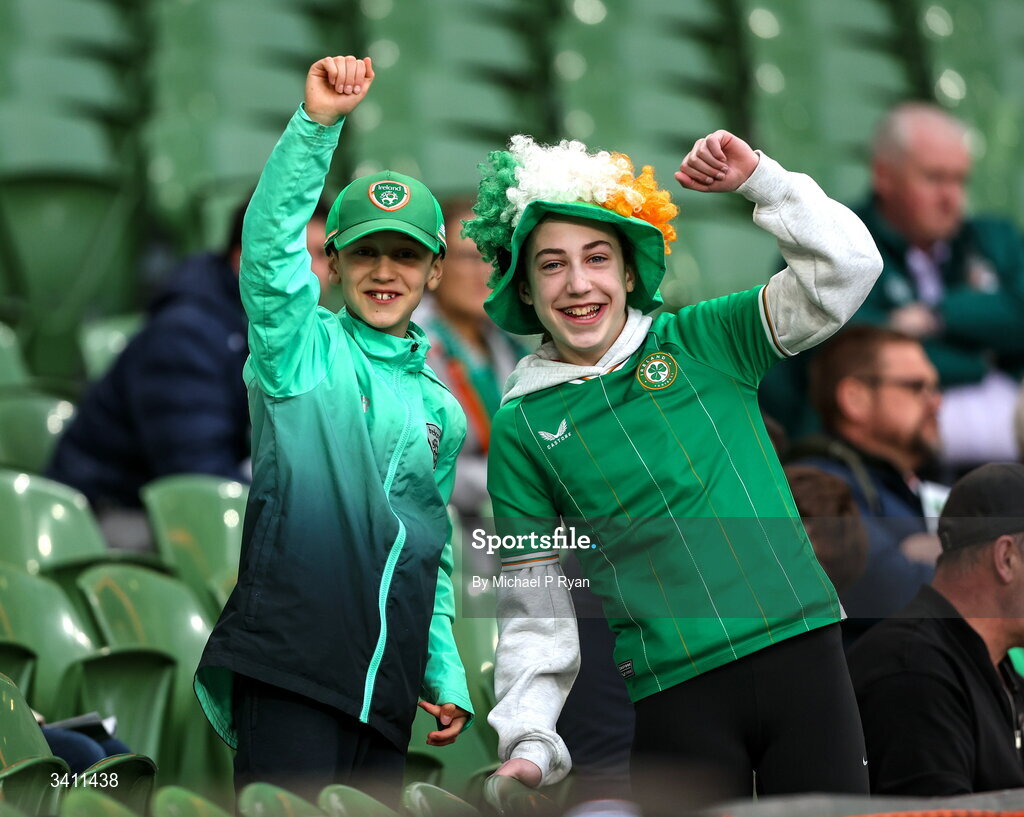 31 March 2026; Republic of Ireland supporters Eoin and Aoibhínn Rice, from Cork, before the international friendly match between Republic of Ireland and North Macedonia at Aviva Stadium in Dublin. Photo by Michael P Ryan/Sportsfile