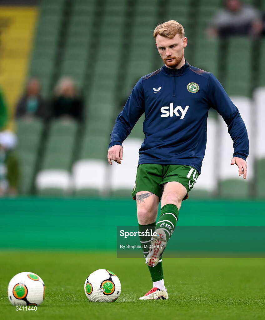 31 March 2026; Liam Scales of Republic of Ireland warms up before the international friendly match between Republic of Ireland and North Macedonia at Aviva Stadium in Dublin. Photo by Stephen McCarthy/Sportsfile