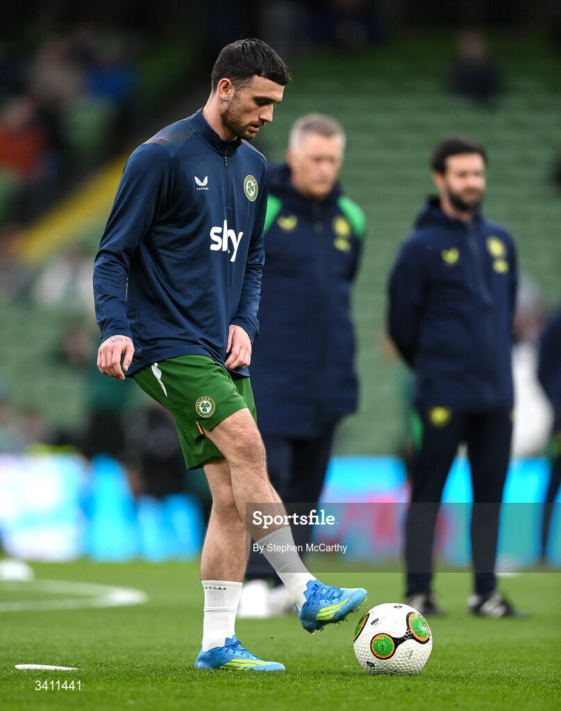 31 March 2026; Troy Parrott of Republic of Ireland warms up before the international friendly match between Republic of Ireland and North Macedonia at Aviva Stadium in Dublin. Photo by Stephen McCarthy/Sportsfile
