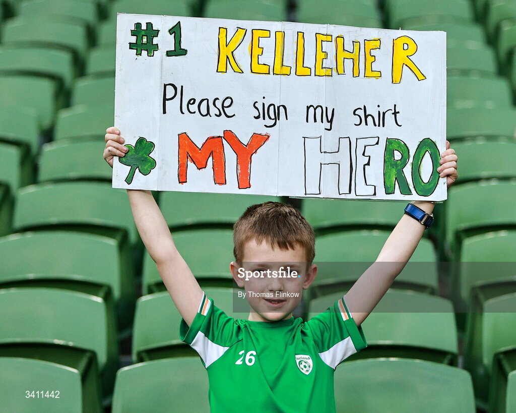 31 March 2026; A young Republic of Ireland supporter before the international friendly match between Republic of Ireland and North Macedonia at Aviva Stadium in Dublin. Photo by Thomas Flinkow/Sportsfile