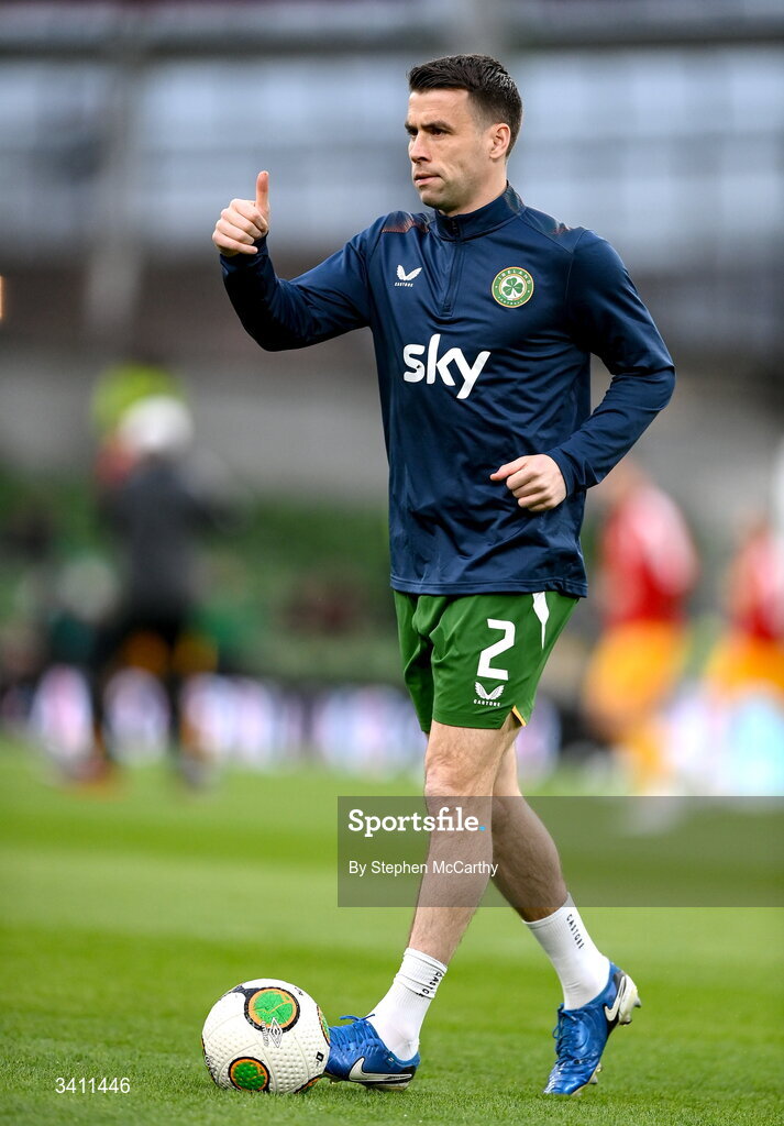 31 March 2026; Seamus Coleman of Republic of Ireland warms up before the international friendly match between Republic of Ireland and North Macedonia at Aviva Stadium in Dublin. Photo by Stephen McCarthy/Sportsfile