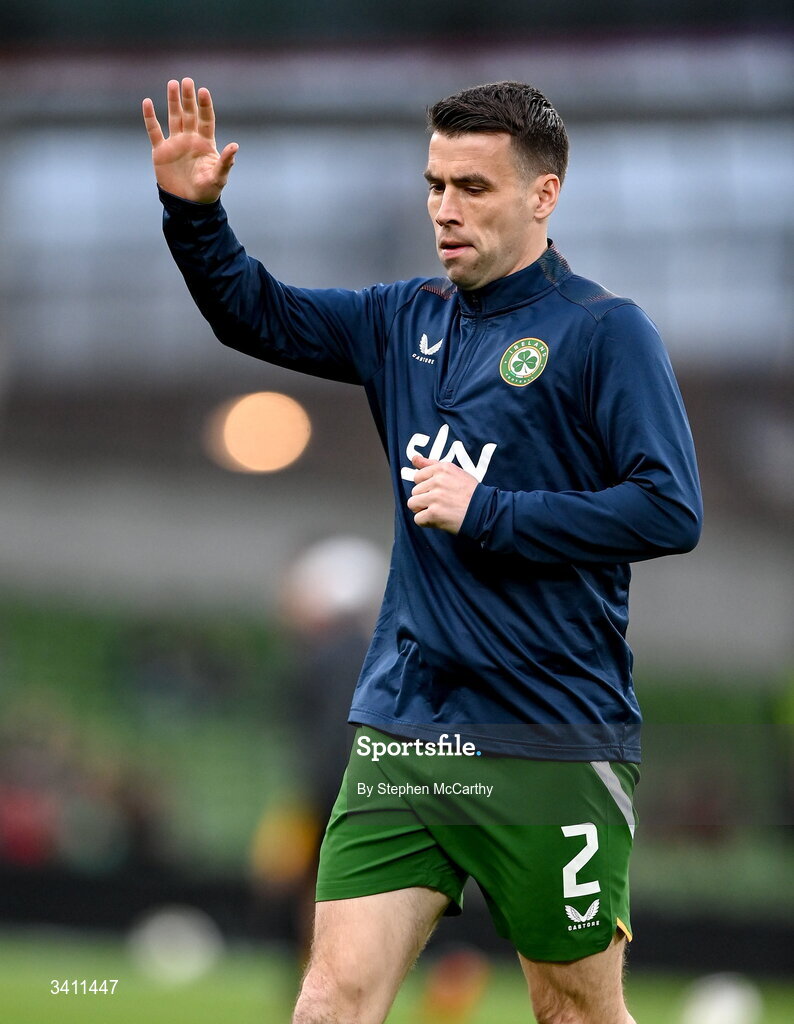 31 March 2026; Seamus Coleman of Republic of Ireland warms up before the international friendly match between Republic of Ireland and North Macedonia at Aviva Stadium in Dublin. Photo by Stephen McCarthy/Sportsfile