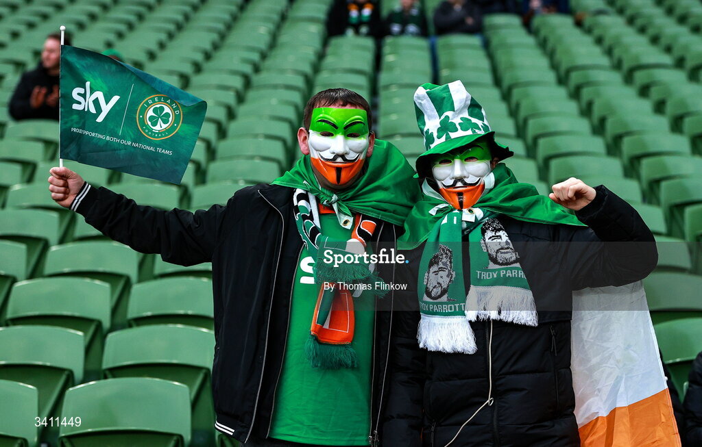 31 March 2026; Republic of Ireland supporters before the international friendly match between Republic of Ireland and North Macedonia at Aviva Stadium in Dublin. Photo by Thomas Flinkow/Sportsfile