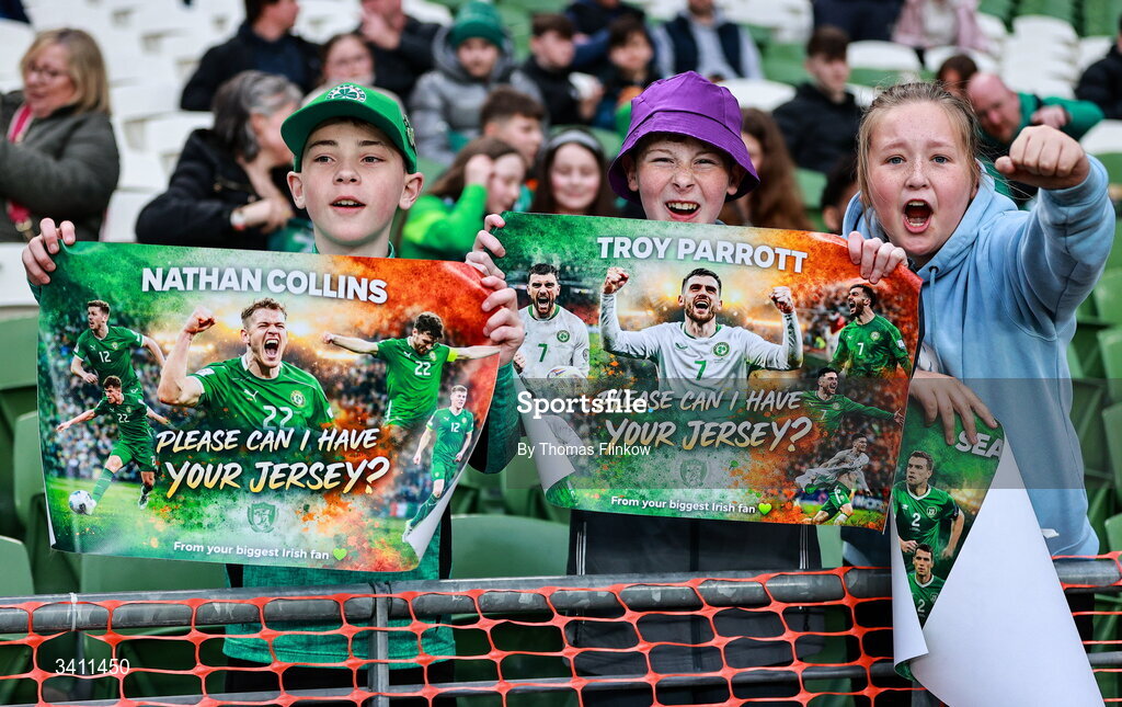 31 March 2026; Young Republic of Ireland supporters before the international friendly match between Republic of Ireland and North Macedonia at Aviva Stadium in Dublin. Photo by Thomas Flinkow/Sportsfile