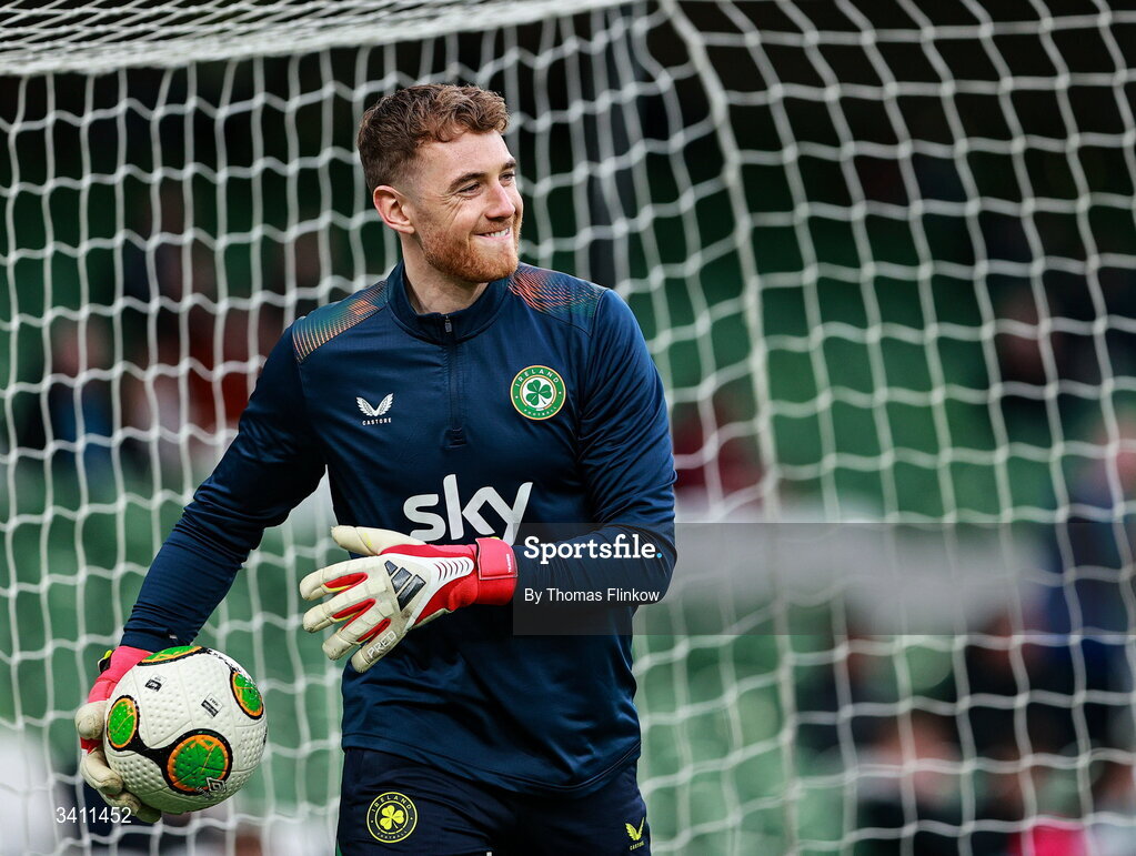 31 March 2026; Republic of Ireland goalkeeper Mark Travers before the international friendly match between Republic of Ireland and North Macedonia at Aviva Stadium in Dublin. Photo by Thomas Flinkow/Sportsfile