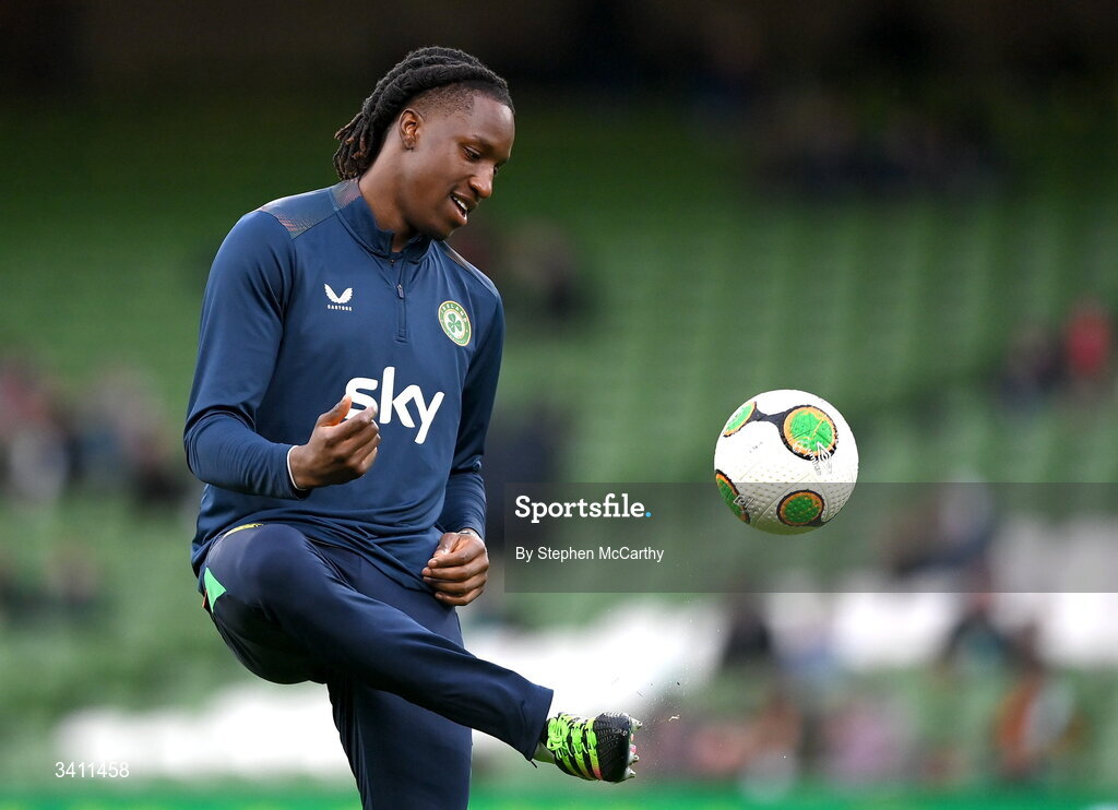31 March 2026; Bosun Lawal of Republic of Ireland warms up before the international friendly match between Republic of Ireland and North Macedonia at Aviva Stadium in Dublin. Photo by Stephen McCarthy/Sportsfile