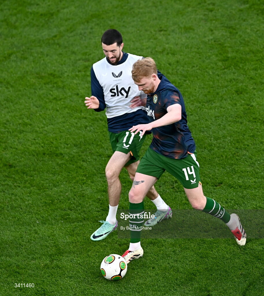 31 March 2026; Finn Azaz, left, and Liam Scales of Republic of Ireland warm-up before the international friendly match between Republic of Ireland and North Macedonia at Aviva Stadium in Dublin. Photo by Ben McShane/Sportsfile