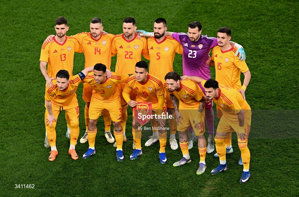 31 March 2026; The North Macedonia team before the international friendly match between Republic of Ireland and North Macedonia at Aviva Stadium in Dublin. Photo by Ben McShane/Sportsfile