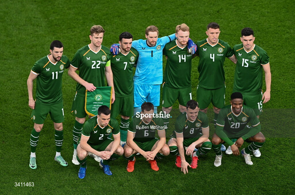 31 March 2026; The Republic of Ireland team, back row, from left, Finn Azaz Nathan Collins, Troy Parrott Caoimhin Kelleher, Liam Scales, Dara O'Shea and John Egan, with front, from left, Seamus Coleman, Jayson Molumby, Jason Knight and Chiedozie Ogbene before the international friendly match between Republic of Ireland and North Macedonia at Aviva Stadium in Dublin. Photo by Ben McShane/Sportsfile