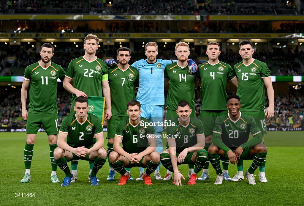 31 March 2026; The Republic of Ireland team, back row, from left, Finn Azaz Nathan Collins, Troy Parrott Caoimhin Kelleher, Liam Scales, Dara O'Shea and John Egan, with front, from left, Seamus Coleman, Jayson Molumby, Jason Knight and Chiedozie Ogbene before the international friendly match between Republic of Ireland and North Macedonia at Aviva Stadium in Dublin. Photo by Stephen McCarthy/Sportsfile