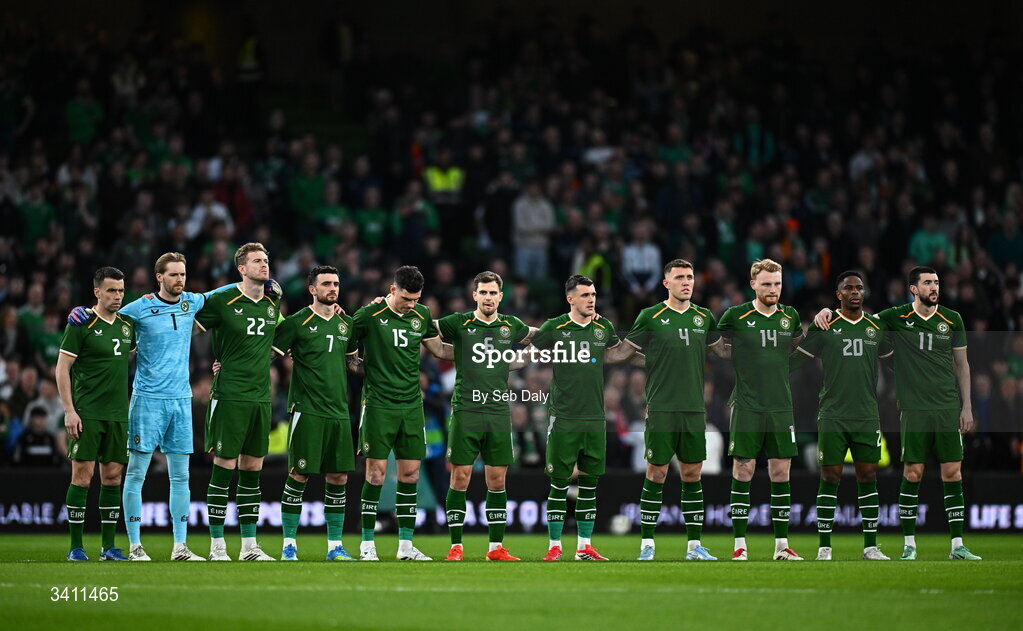 31 March 2026; The Republic of Ireland team stand for a minute's silence in memory of the late former FAI president Michael Hyland before the international friendly match between Republic of Ireland and North Macedonia at the Aviva Stadium in Dublin. Photo by Seb Daly/Sportsfile