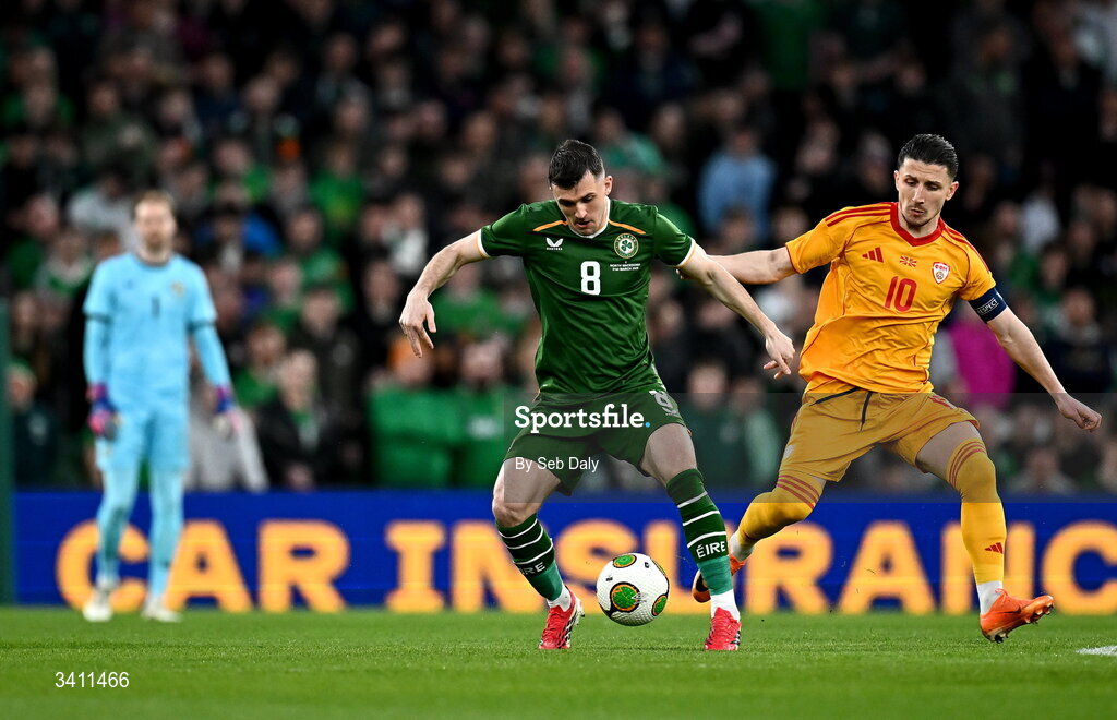 31 March 2026; Jason Knight of Republic of Ireland in action against Enis Bardhi of North Macedonia during the international friendly match between Republic of Ireland and North Macedonia at the Aviva Stadium in Dublin. Photo by Seb Daly/Sportsfile