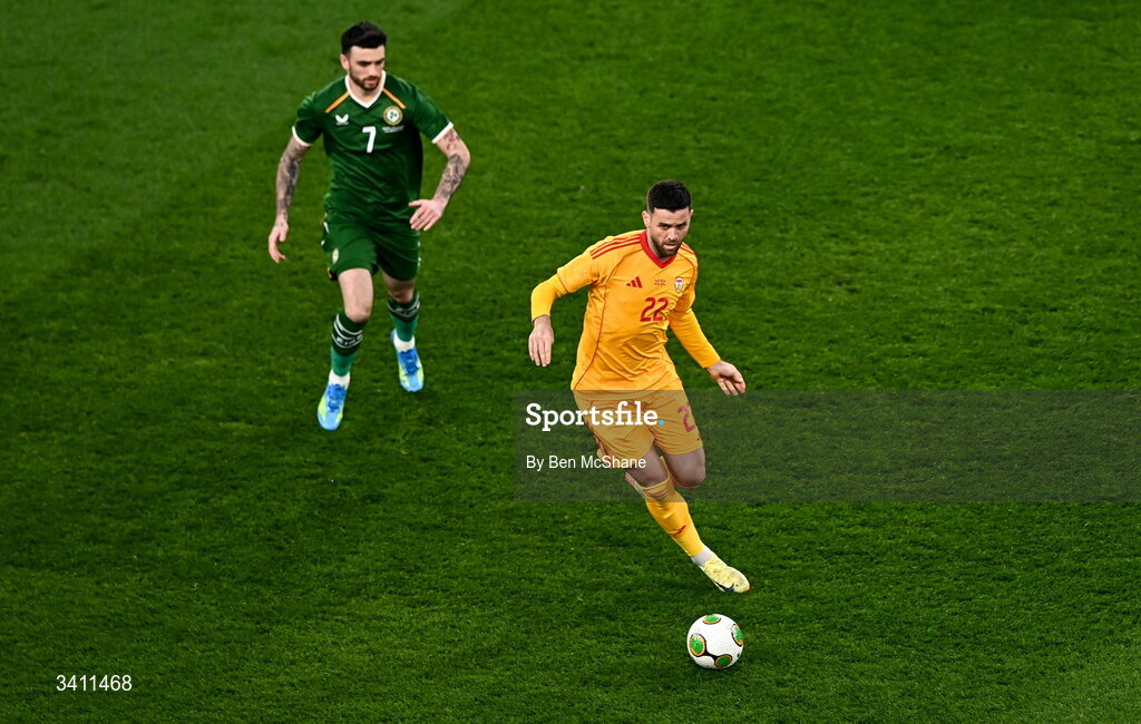 31 March 2026; Isnik Alimi of North Macedonia in action against Troy Parrott of Republic of Ireland during the international friendly match between Republic of Ireland and North Macedonia at Aviva Stadium in Dublin. Photo by Ben McShane/Sportsfile