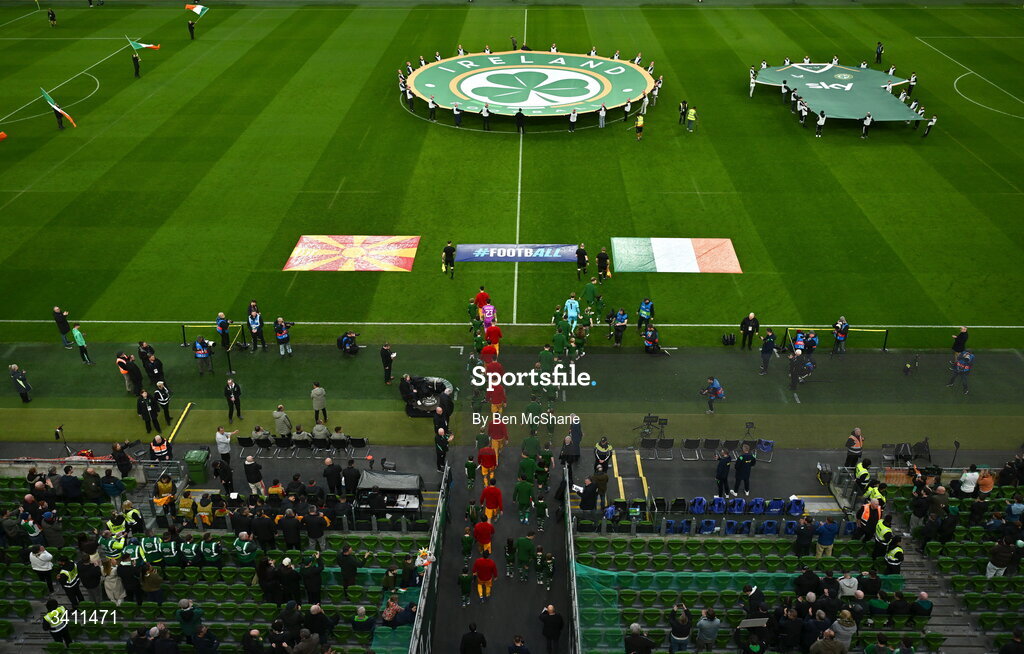 31 March 2026; The teams walk onto the pitch before the international friendly match between Republic of Ireland and North Macedonia at Aviva Stadium in Dublin. Photo by Ben McShane/Sportsfile